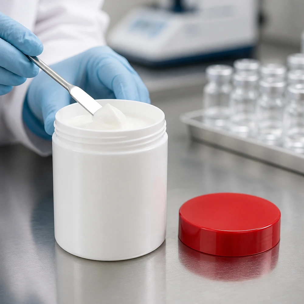 Zalfpot 75 g wit met rood schroefdeksel (PP) Cilindrische witte PP-pot van 75 g met rode afsluitdop voor apotheekpreparaten