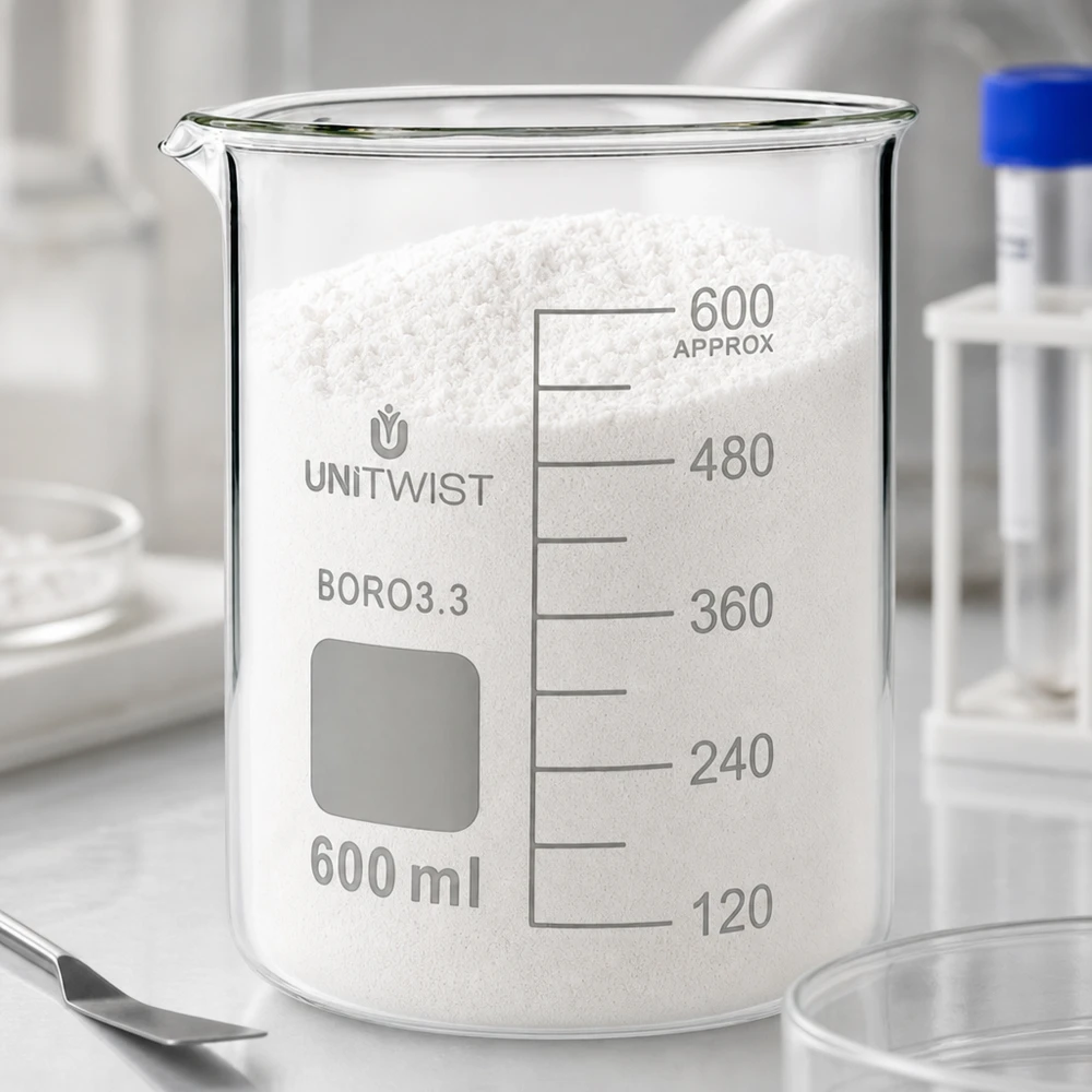 Beker 600ml borosilicaat, lage vorm UNiTWIST Doorzichtig bekerglas van 600 ml, borosilicaat, UNiTWIST, laag model, naast een reageerbuis in het laboratorium