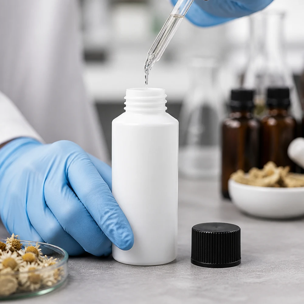 Farmaceutische verpakking van 30 ml wit HDPE met zwarte SV voor druppels en oplossingen