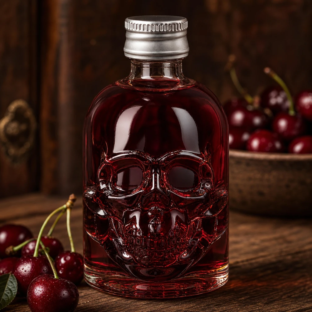 50ml Hector glazen fles met rode kersenvloeistof en zilveren dop tussen verse kersen op een houten tafel