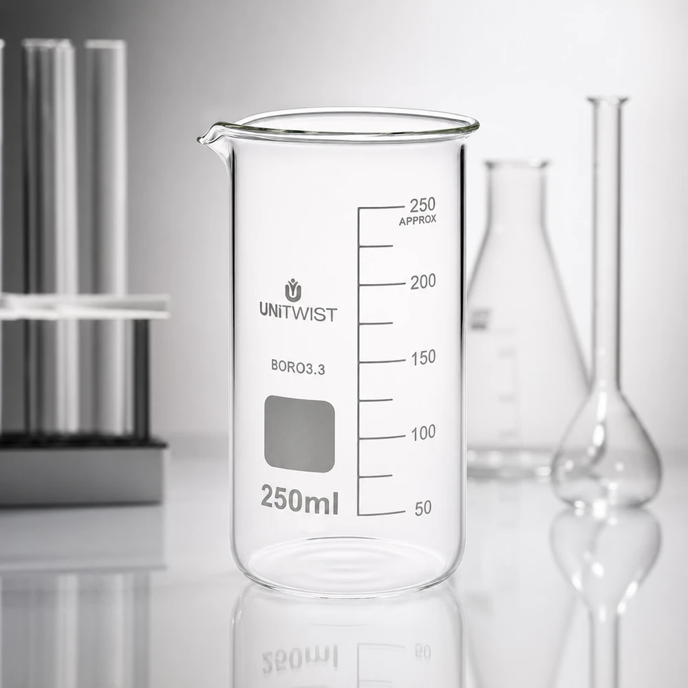 Doorzichtig borosilicaat bekerglas, hoge vorm, 250 ml, met gegraveerde milliliterschaal tot 250 ml