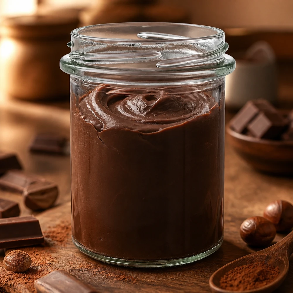 UNiTWIST Runda 214 - Rundglas Inhalt 214ml TO66 Chocoladepasta in een TO66-inmaakpot van 214 ml, versierd met cacaopoeder