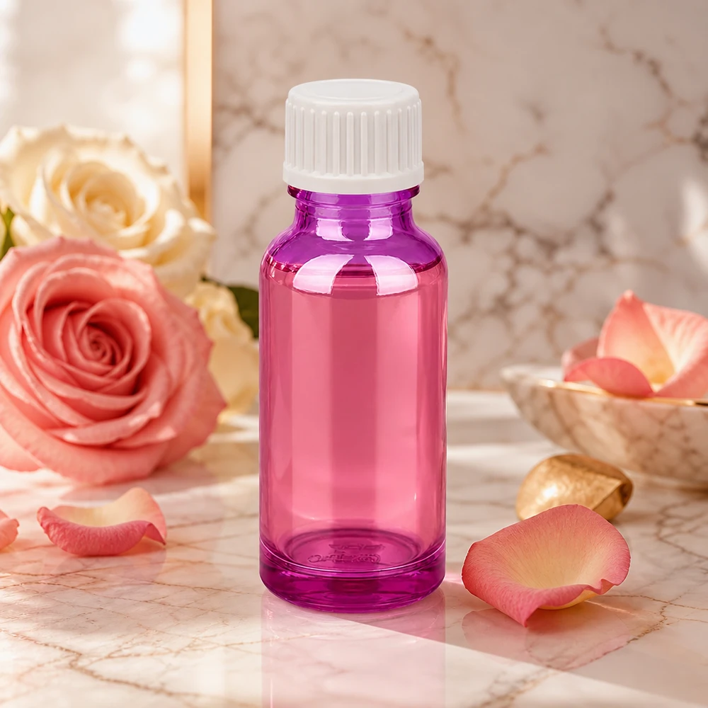 20ml druppelfles 0.9mm wit standaard PurpleLine. UT18/20 Paarse 20ml doseerfles met witte druppeldop voor beauty- en wellnessproducten