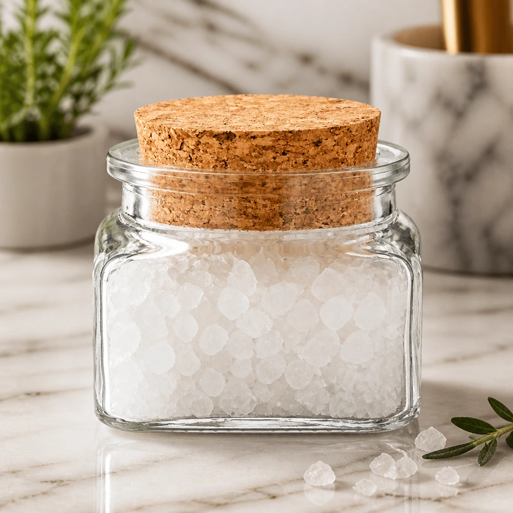 Idee voor een glazen kruidenpotje: Vierkant 120 ml helder inclusief kurk Vierkante voorraadpot van 120 ml, transparant, met grote zoutkristallen en een kurken deksel