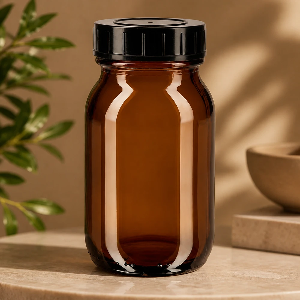 Fles met wijde hals 100 ml bruin glas met schroefdeksel 100 ml apothekersfles gemaakt van UV-beschermend amberkleurig glas met nauwsluitend zwart deksel
