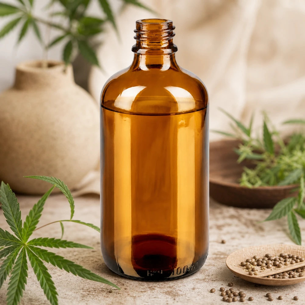 100ml bruine apothekersfles ApoGlas met cannabis hennepplanten en korianderzaadjes op houten tafel