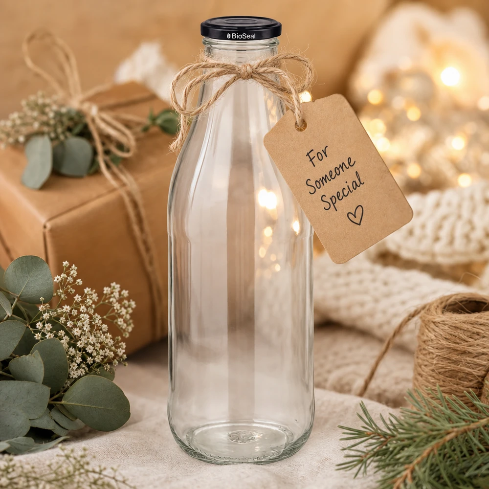 1000ml glazen fles met zwart deksel geschenkverpakking jute koord hanger decoratie duurzaam eco-vriendelijk