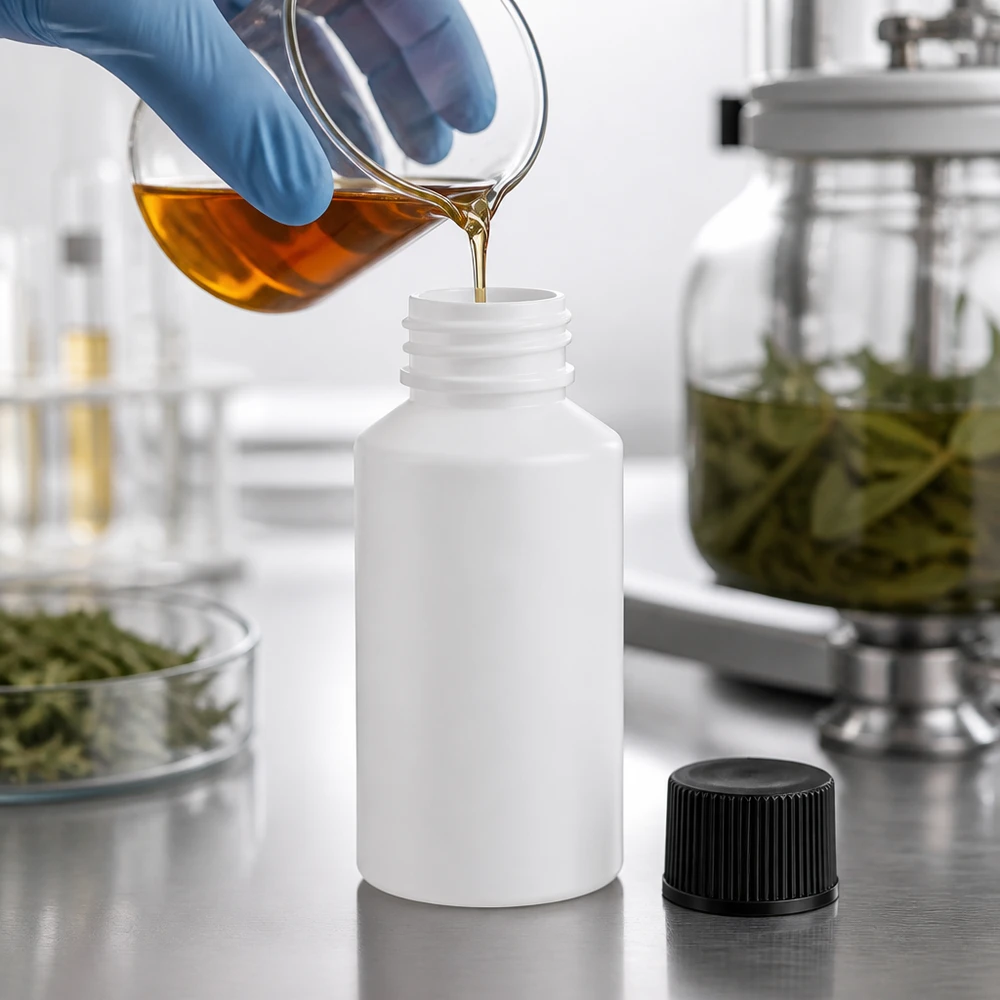 Compacte witte apothekersflesjes van 50 ml, gemaakt van HDPE met een zwarte schroefdop, voor vloeibare werkzame stoffen