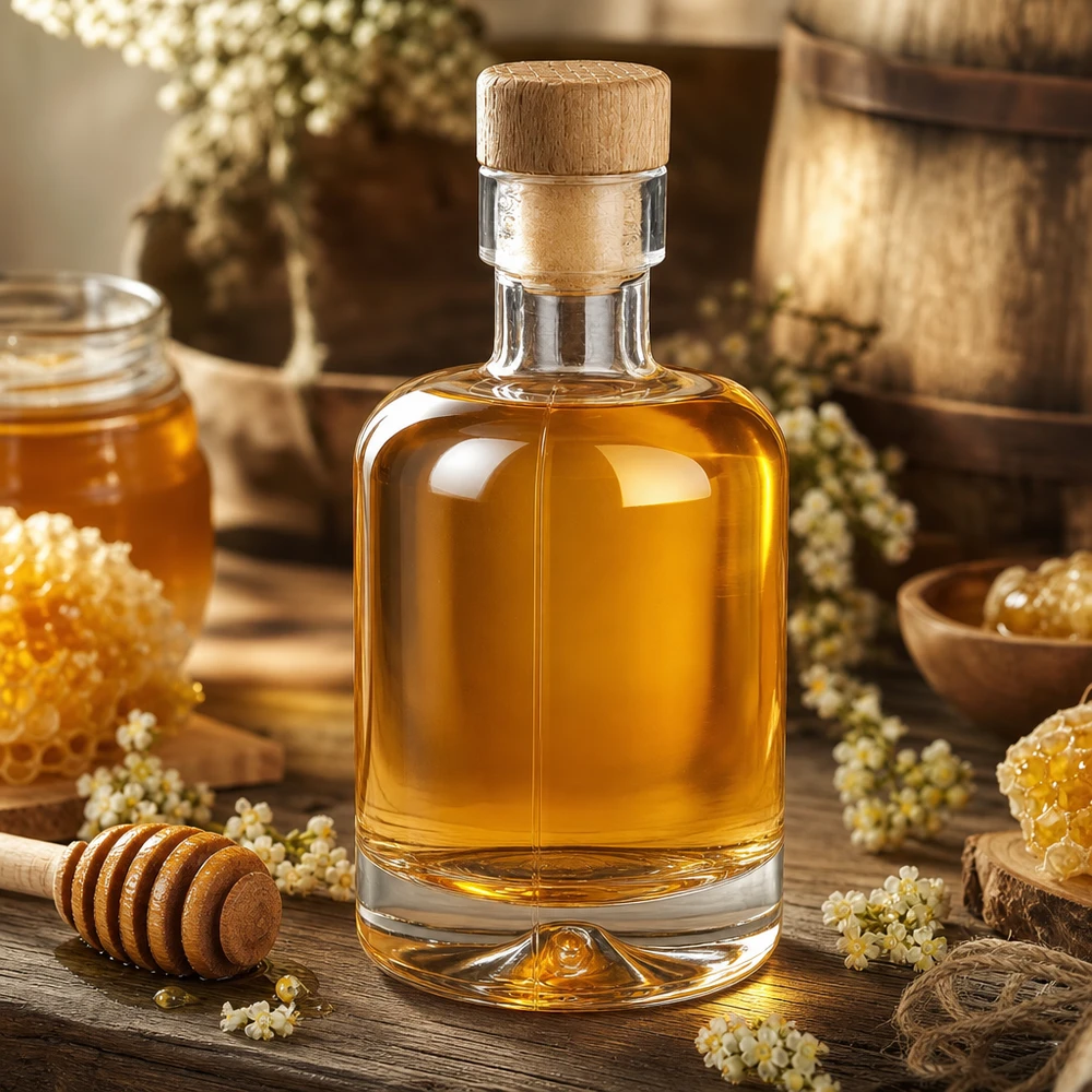 50ml glazen flesje Amelie gevuld met honing omringd door honingraathoningdippers en rustieke gedroogde bloemen