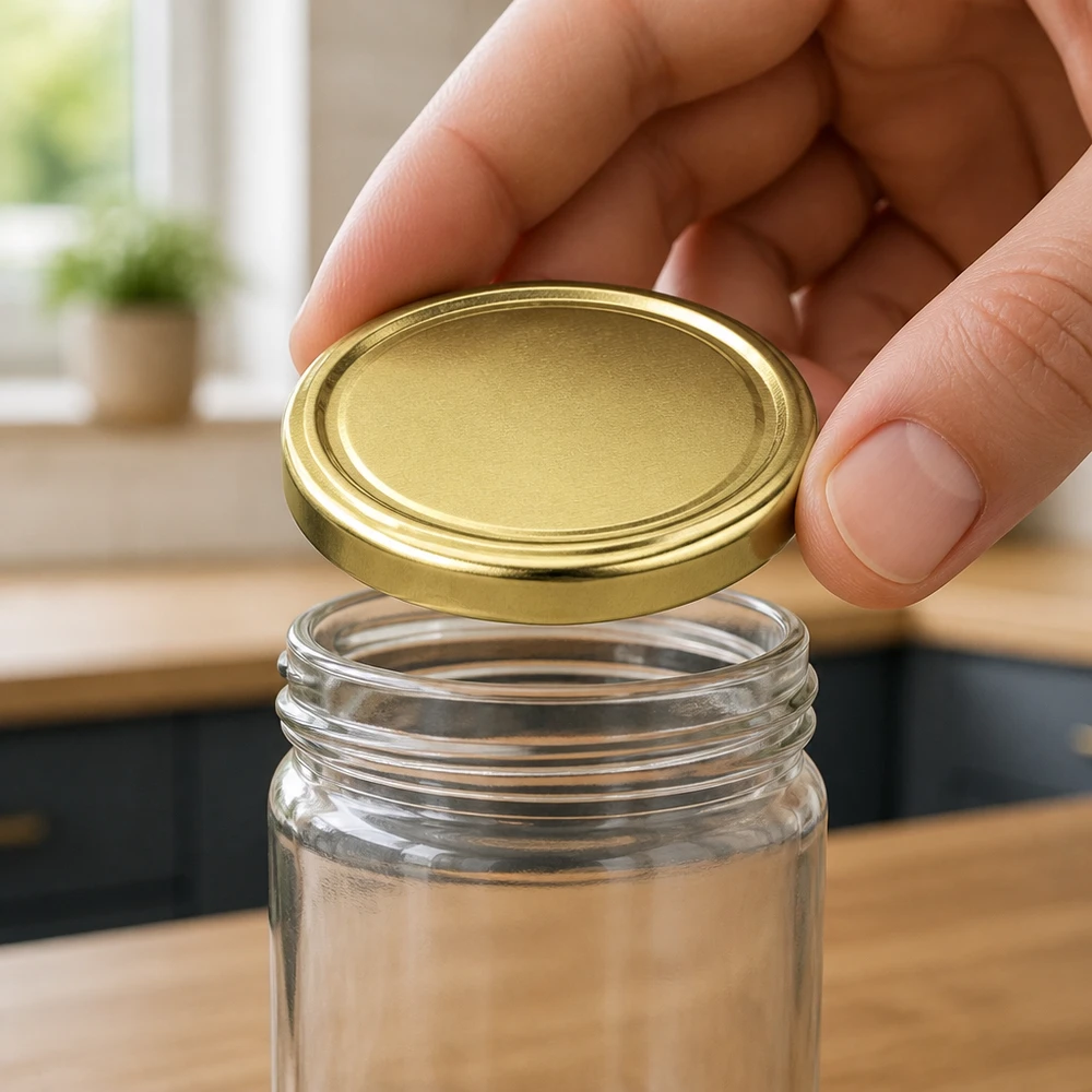 66 mm BasicSeal-deksel goud (TO66) UNiTWIST Een hand houdt een gouden TO66-inmaakdeksel van 66 mm boven een open voorraadpot