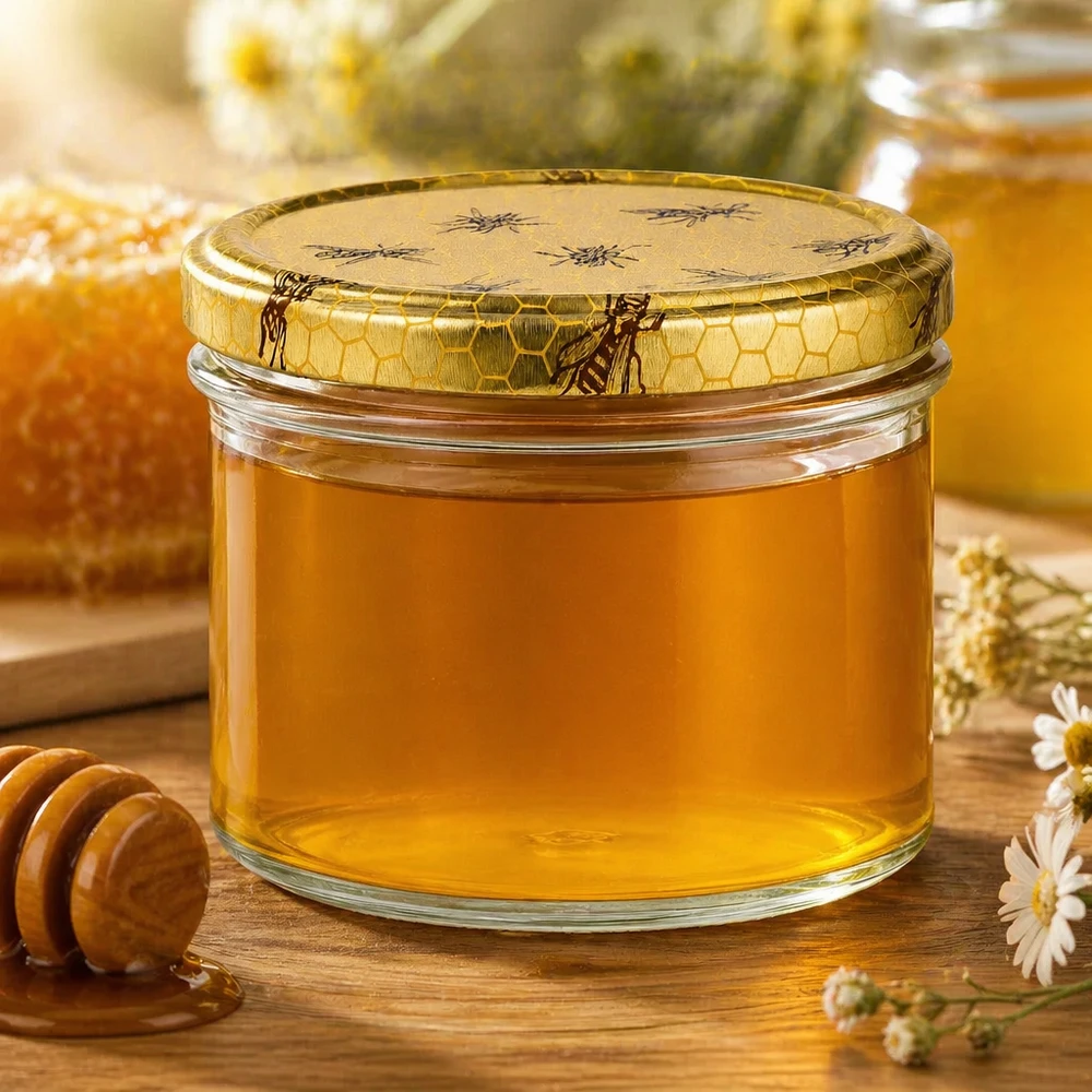 Honingpot van 250 g met honingraatdeksel gevuld met gouden honing naast honinglepel en kamillebloemen