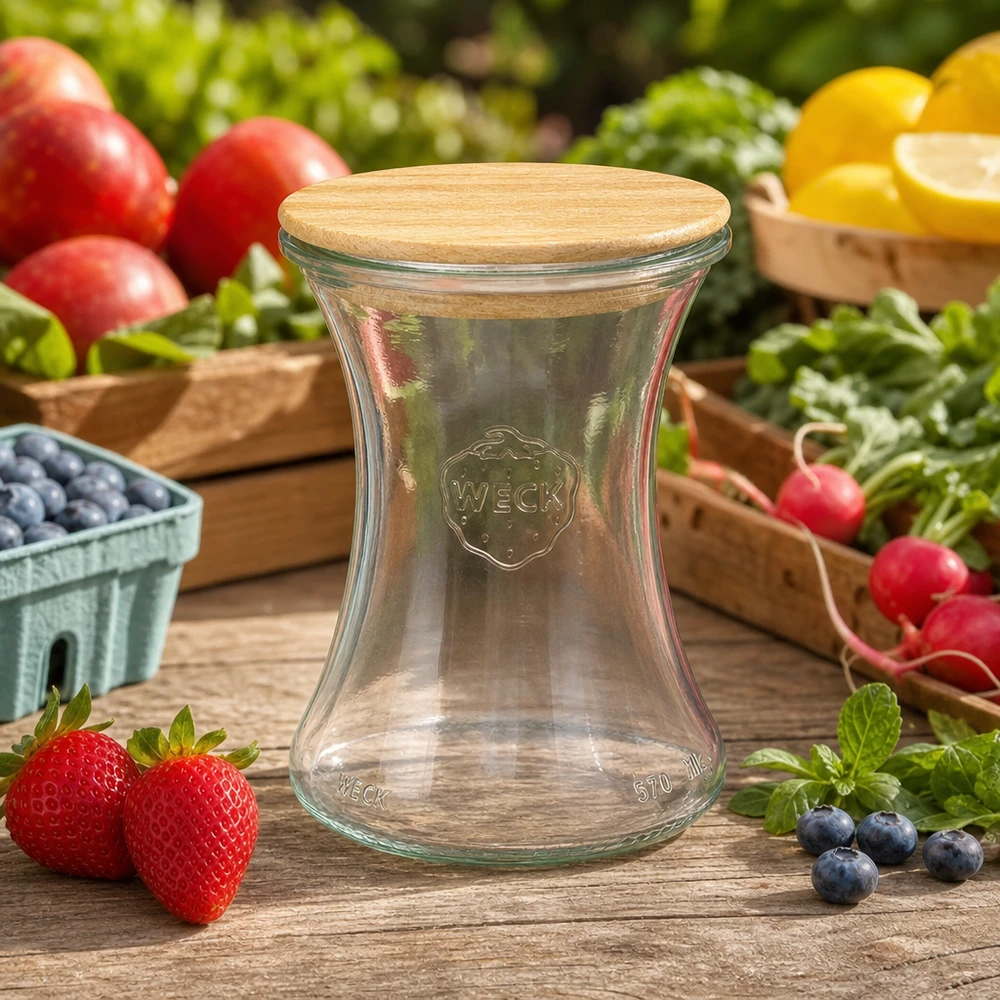 370ml delicatessenglas WECK RR80 met hout deksel WECK delicatessenpot 370ml RR80 met houten deksel op houten tafel tussen verse aardbeien, bosbessen en groenten