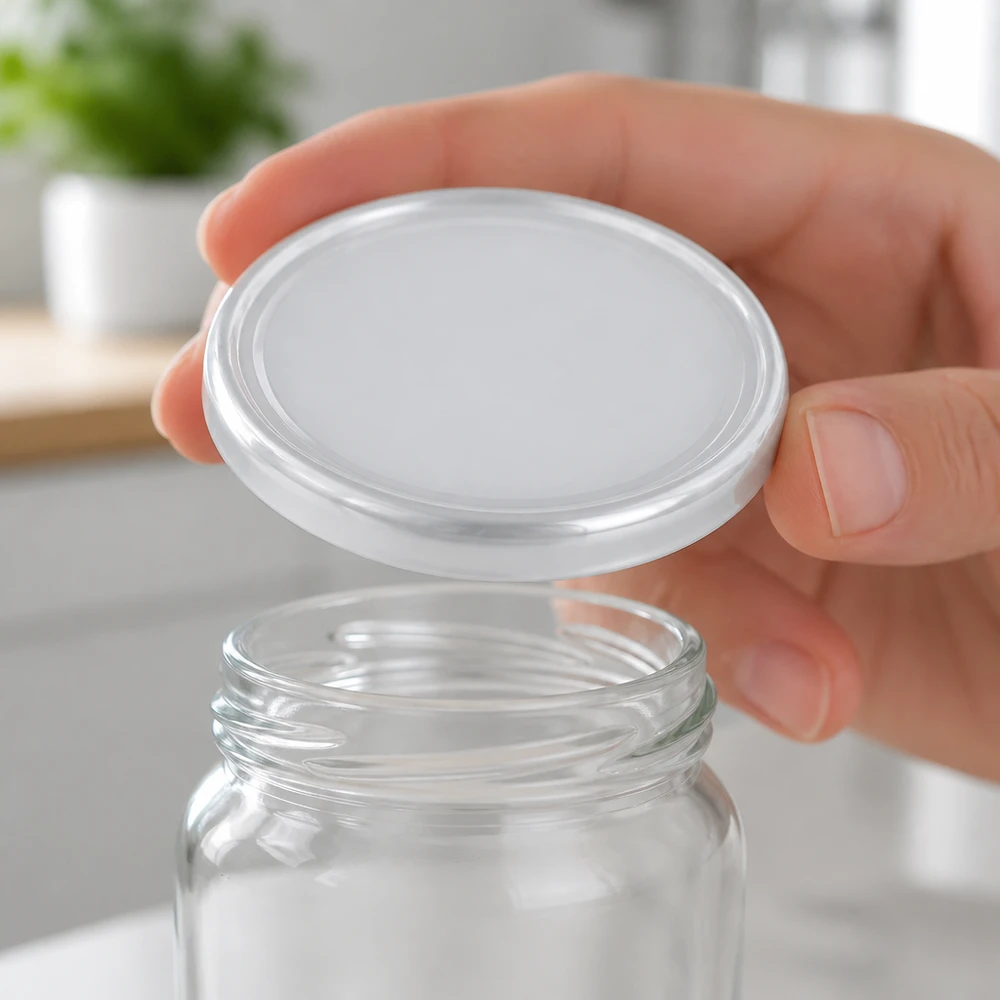 66 mm BasicSeal-deksel TO66 UNiTWIST wit met geribbelde rand op transparant glas