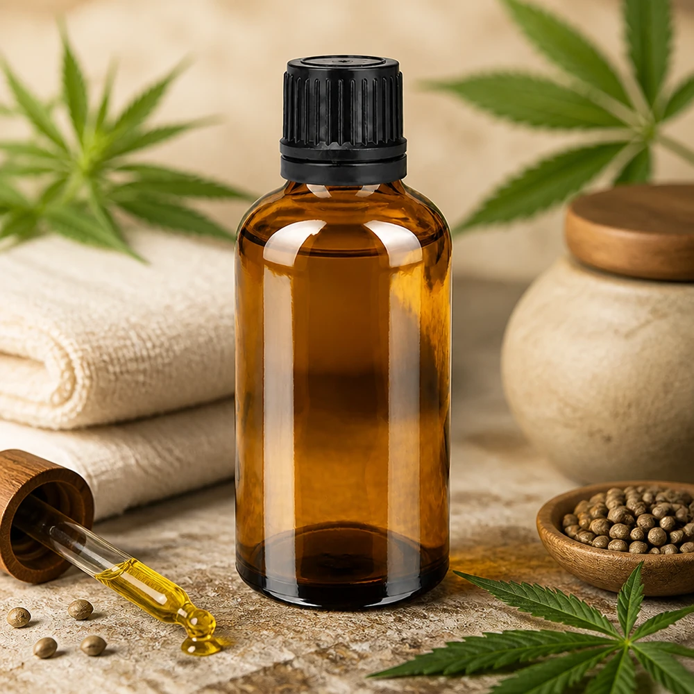 50ml druppelflacon van bruin glas met zwarte dop voor aromatherapie en natuurlijke cosmetica