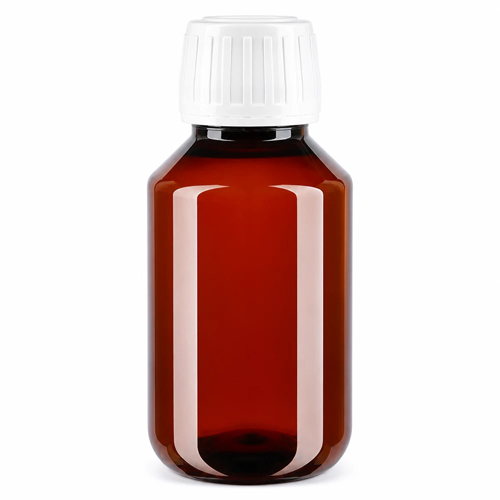 Compacte apothekersfles van 100 ml in bruin met een witte originele dop van PET