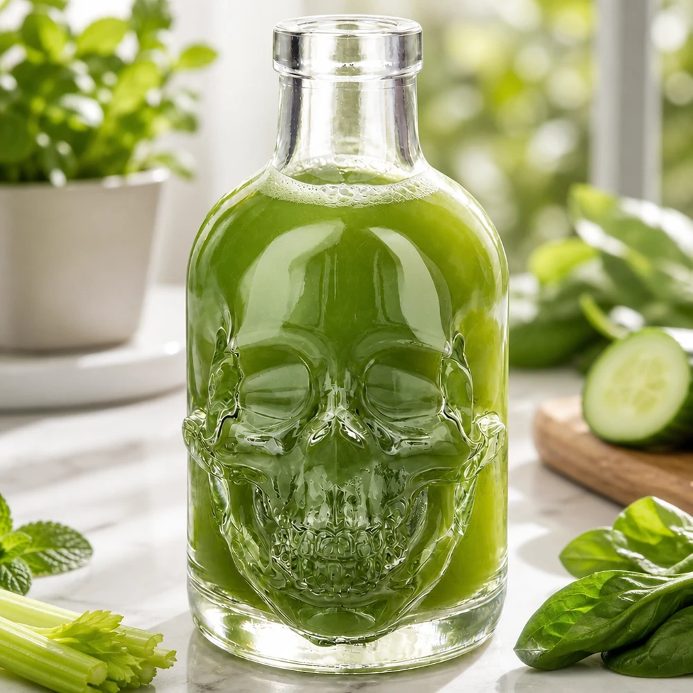 Schedel glazen fles Jack 200ml gevuld met groene smoothie omringd door verse groenten en kruiden UNiTWIST