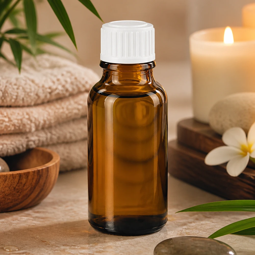 Bruine glazen fles 20ml met wit schroefsluiting St Kleine bruine glazen flesje van 20 ml met een witte standaarddop van 11 mm op een stuk natuursteen met een bloem