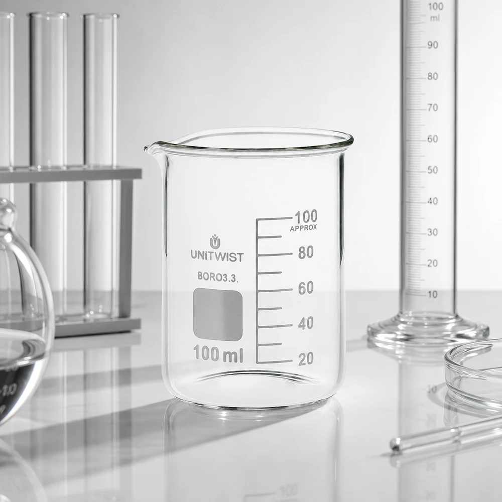 Beker 100ml borosilicaat, lage vorm UNiTWIST UNiTWIST 100 ml bekerglas met laag profiel, voorzien van een wit opschriftveld en volumemarkeringen
