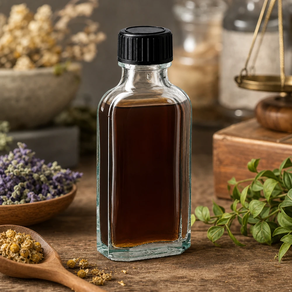 Doorzichtige Meplat-fles van 50 ml met donkerbruine tinctuur op een houten ondergrond