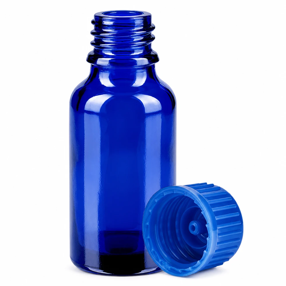 20ml flacon 11mm SV blauw STD BlueLine UT18/20 Klein laboratoriumflesje van 20 ml van blauw glas met kindveilige dop voor aromatherapie