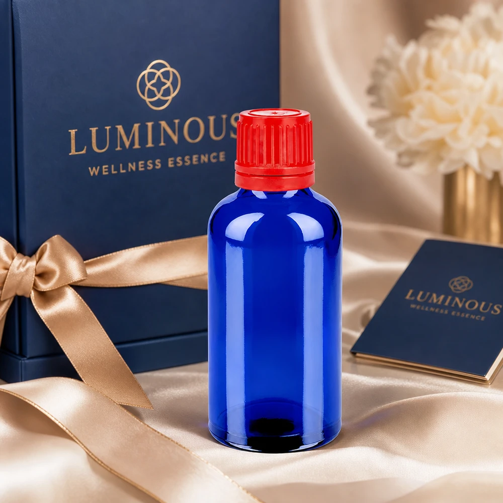 Elegant 50ml flesje blauw transparant met rode dop SV 11mm OV BlueLine UT18/50