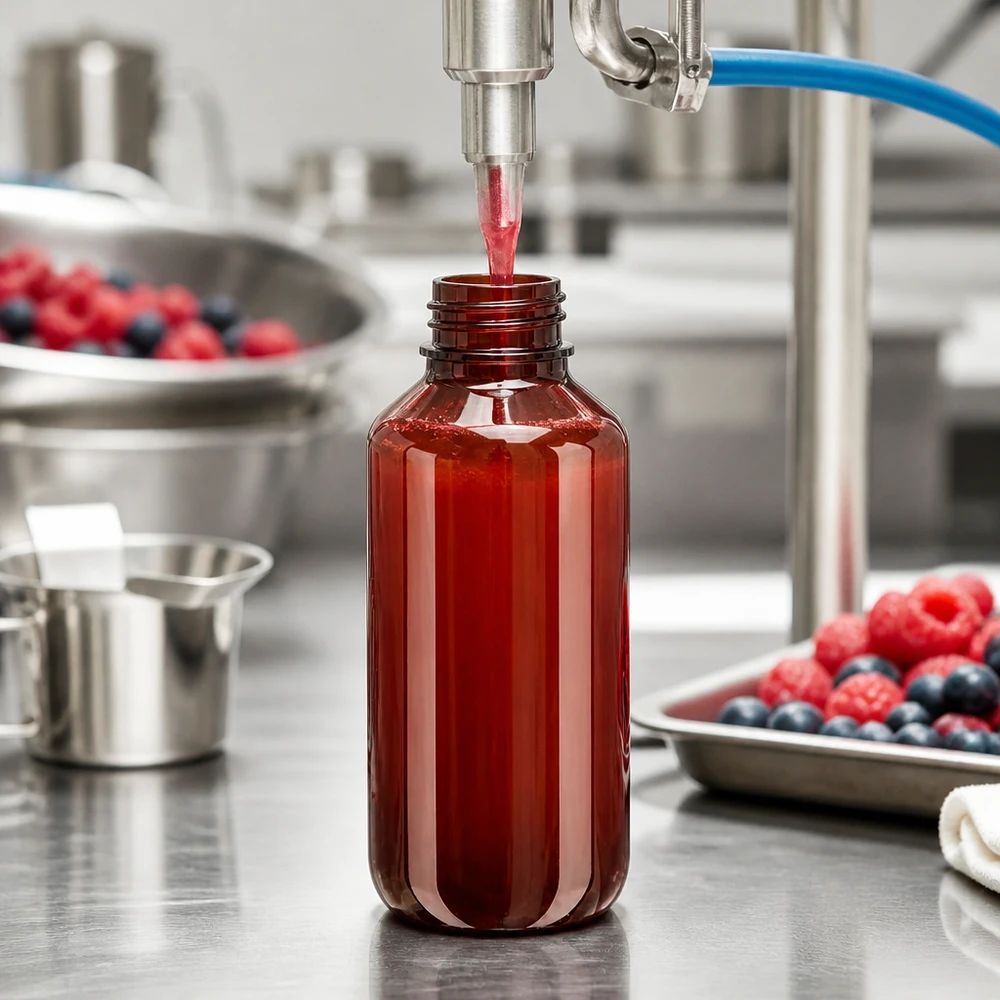 200ml PET medicijnfles - schroefsluiting VR wit - doseerbeker 30ml blank Robuste 200ml PET Flasche mit weitem Schraubhals bei professioneller Lebensmittelproduktion