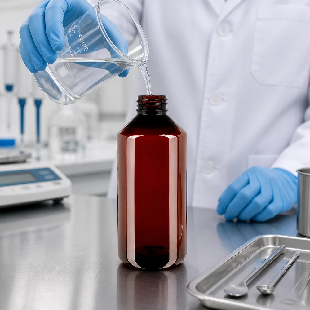 Stevige bruine kunststof fles van 1000 ml met klapsluiting, geschikt voor chemicaliën