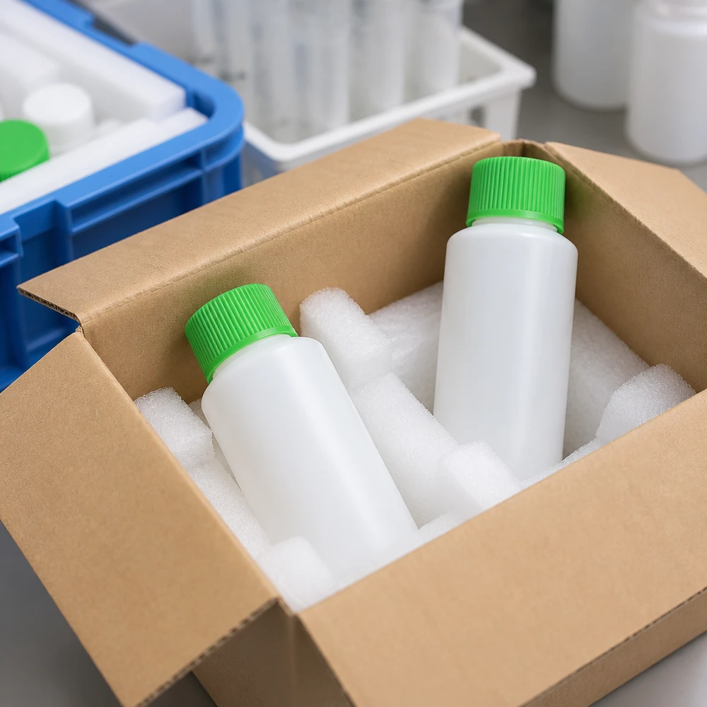 Veilige opslag van witte HDPE-apotheekflesjes van 30 ml met groene SV in farmaceutische verpakking