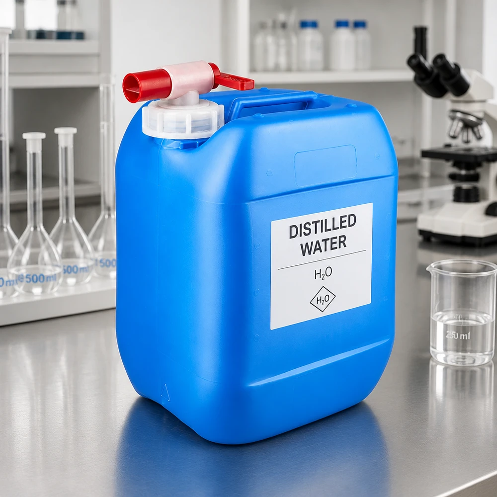 Canister 10 liter blauw met aftapkraan Blauwe voorraadcontainer van 10 liter met rode afsluitkraan naast laboratoriumapparatuur en een bekerglas