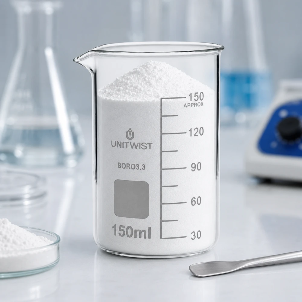 UNITWIST bekerglas 150 ml, borosilicaat, hoog model, met witte vaste stof en spatel op de voorgrond