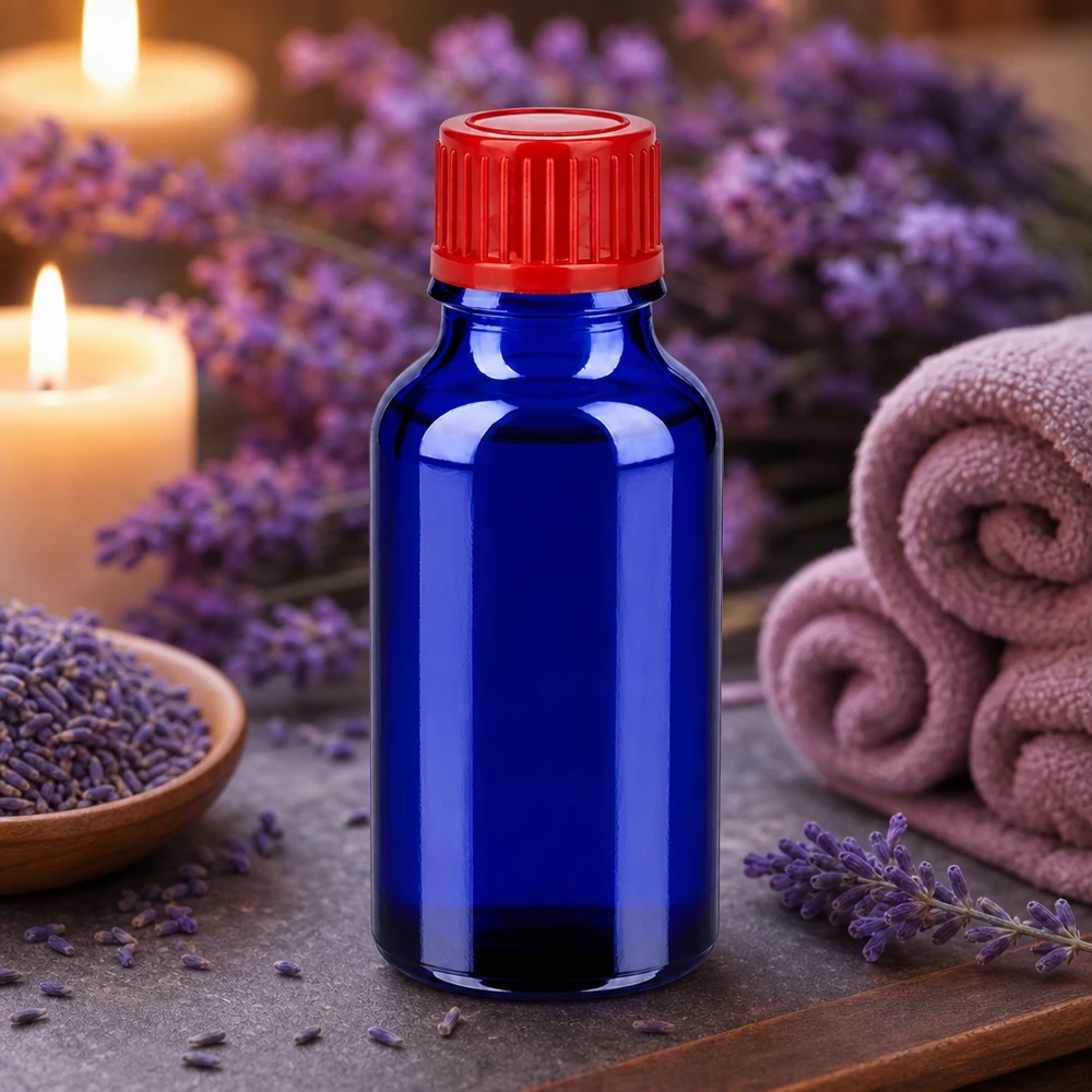 Professioneel 20ml flesje van donkerblauw glas met ergonomische rode schroefdop