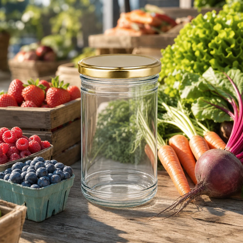 Lege 1053ml mason jar met gouden deksel op de boerenmarkt tussen verse groenten en bessen om in te bewaren