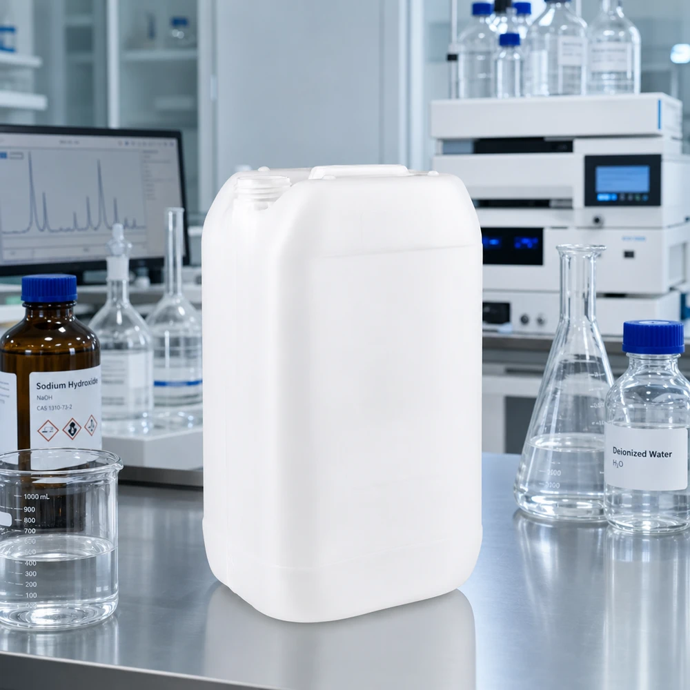 15l jerrycan, UN-toelating, zonder schroefsluiting 15 liter HDPE-kanister zonder sluiting in een professionele laboratoriumomgeving met analyseapparatuur