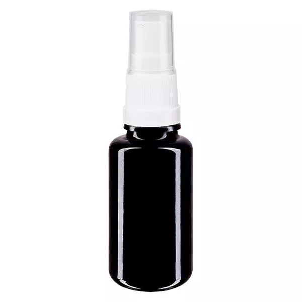Fles violet glas 20 ml met pompverstuiver wit Fles violet glas 20 ml met pompverstuiver wit