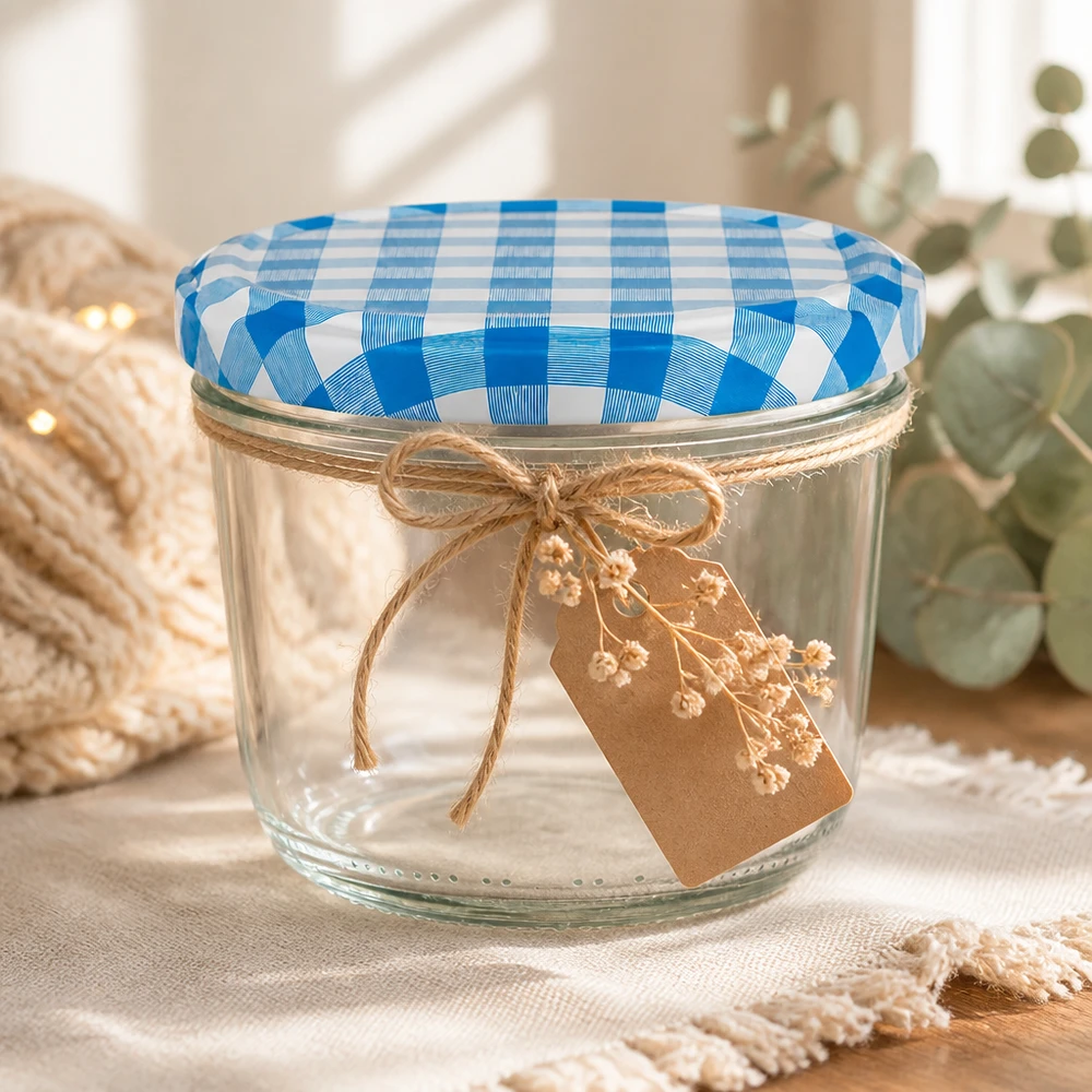 230 ml bekers met blauw en wit BasicSeal deksel versierd met jute koord en kraftpapier label als geschenkverpakking.
