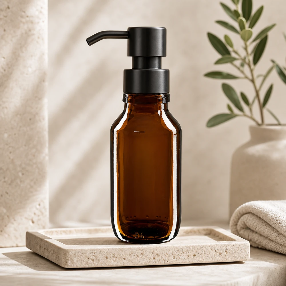 Bruin glazen flesje 50ml met zwarte pompdispenser voor cosmetica en huidverzorging ApoGlas PP28