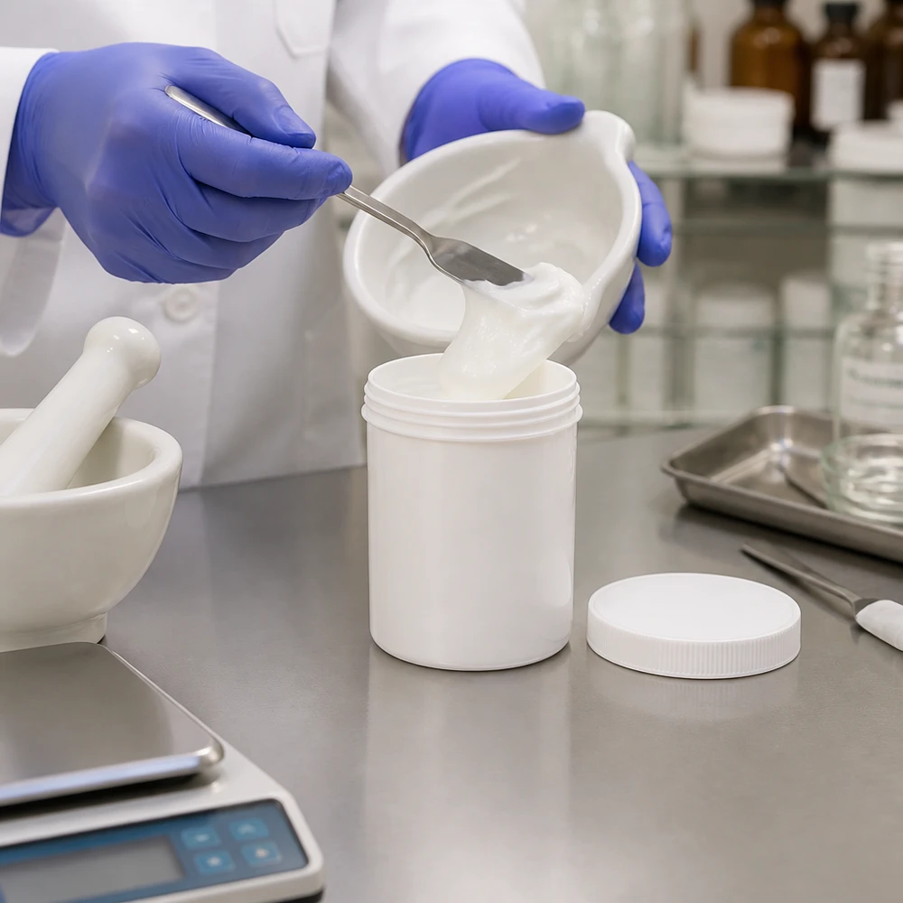 Bereiding van een individueel recept in een witte PP-pot van 75 g met schroefdop in de apotheek
