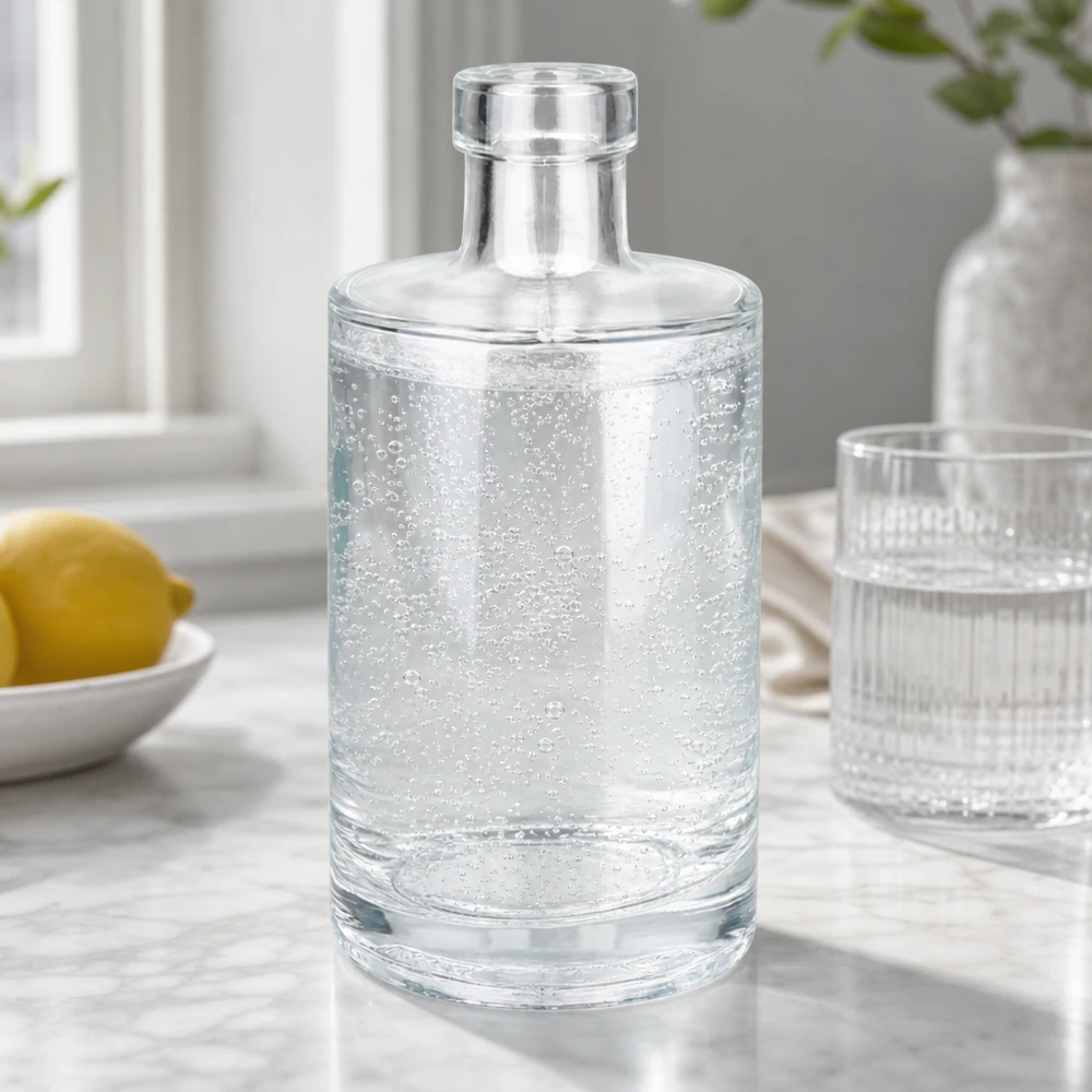 350 ml glazen fles Marie zonder sluiting UNiTWIST® 350ml Glasflasche Marie mit Sprudelwasser gefüllt neben Zitrone und Glas stilvolle Tischszene Bild 9 von 10