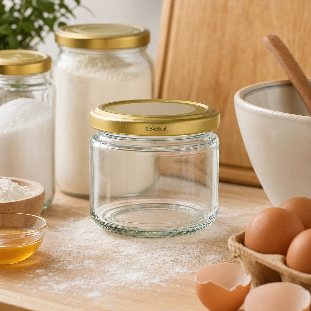 330ml rond glas met BioSeal deksel goud UNiTWIST UniTWIST Runda330 pot met TO82 BioSeal goud deksel in een moderne keuken tussen bakingrediënten en kookgerei