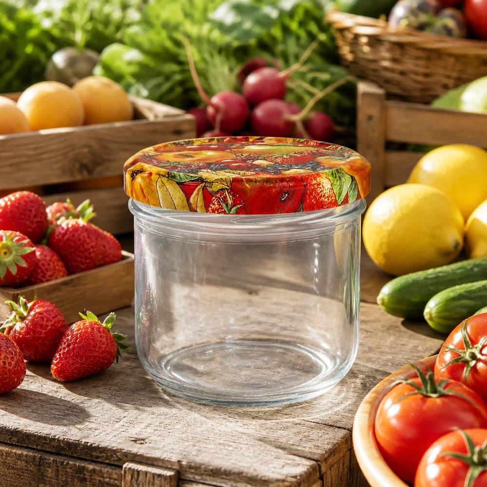 Lege bekers van 260 ml met fruitdeksel omringd door vers fruit en groenten op een houten tafel