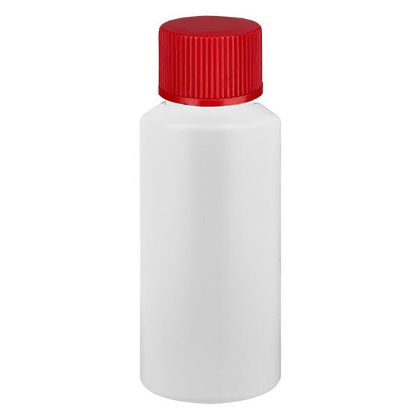 PET cilinderfles 30ml wit met schroefsluiting rood PET cilinderfles 30ml wit met schroefsluiting rood