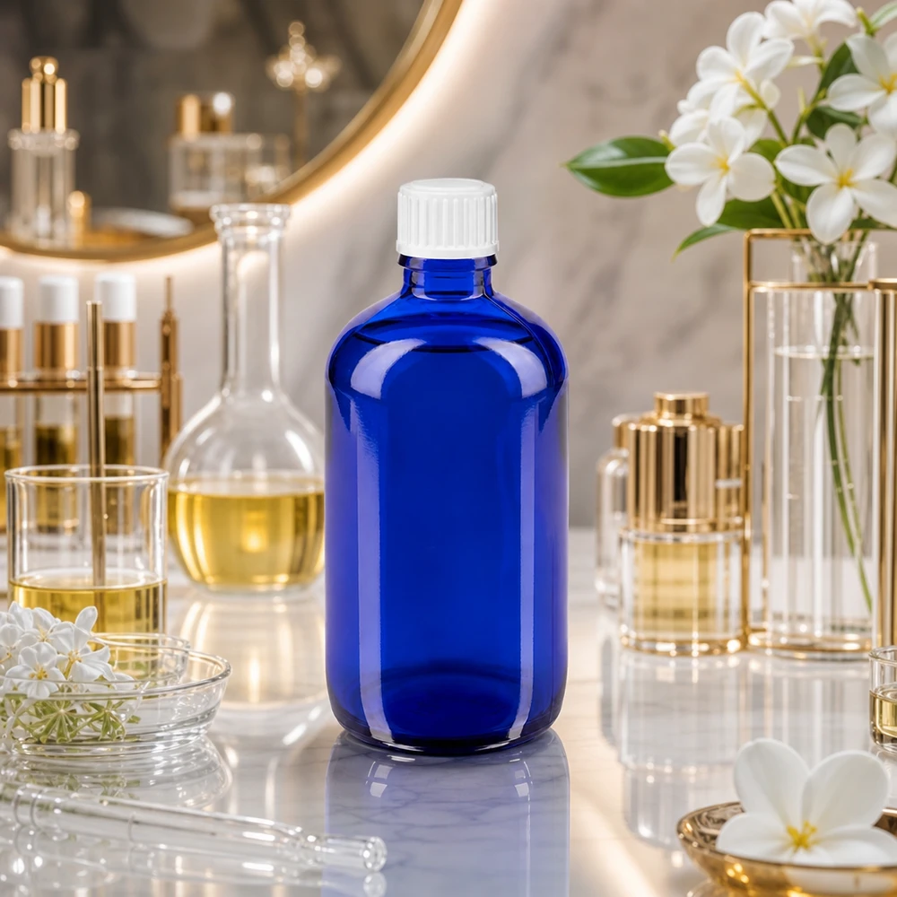 Blauwe glazen flessen 100ml met wit schroefsluiting St Blauwe apothekersfles van 100 ml, glas, lichtbeschermd, met witte dop, Beauty-Setting