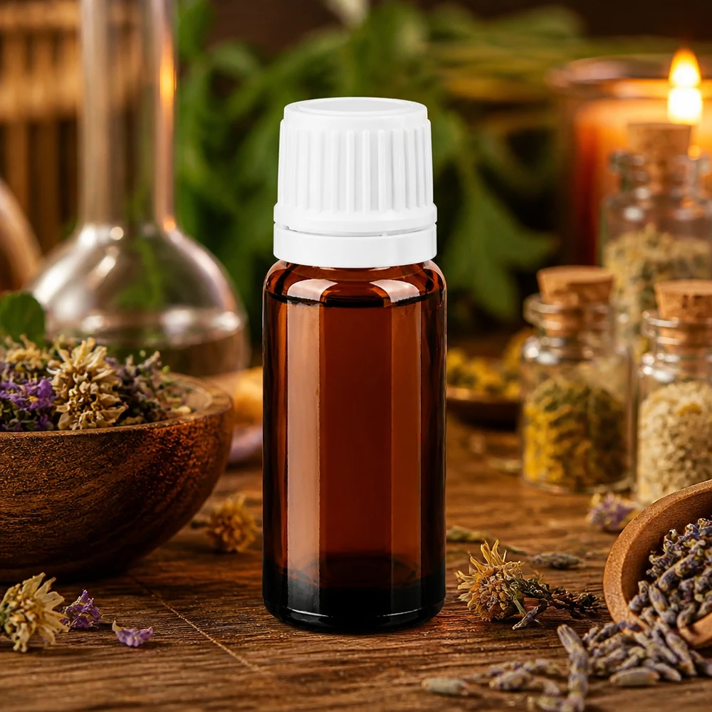 Flesje van 10 ml van bruin apothekersglas met een witte originele dop en een druppelaar