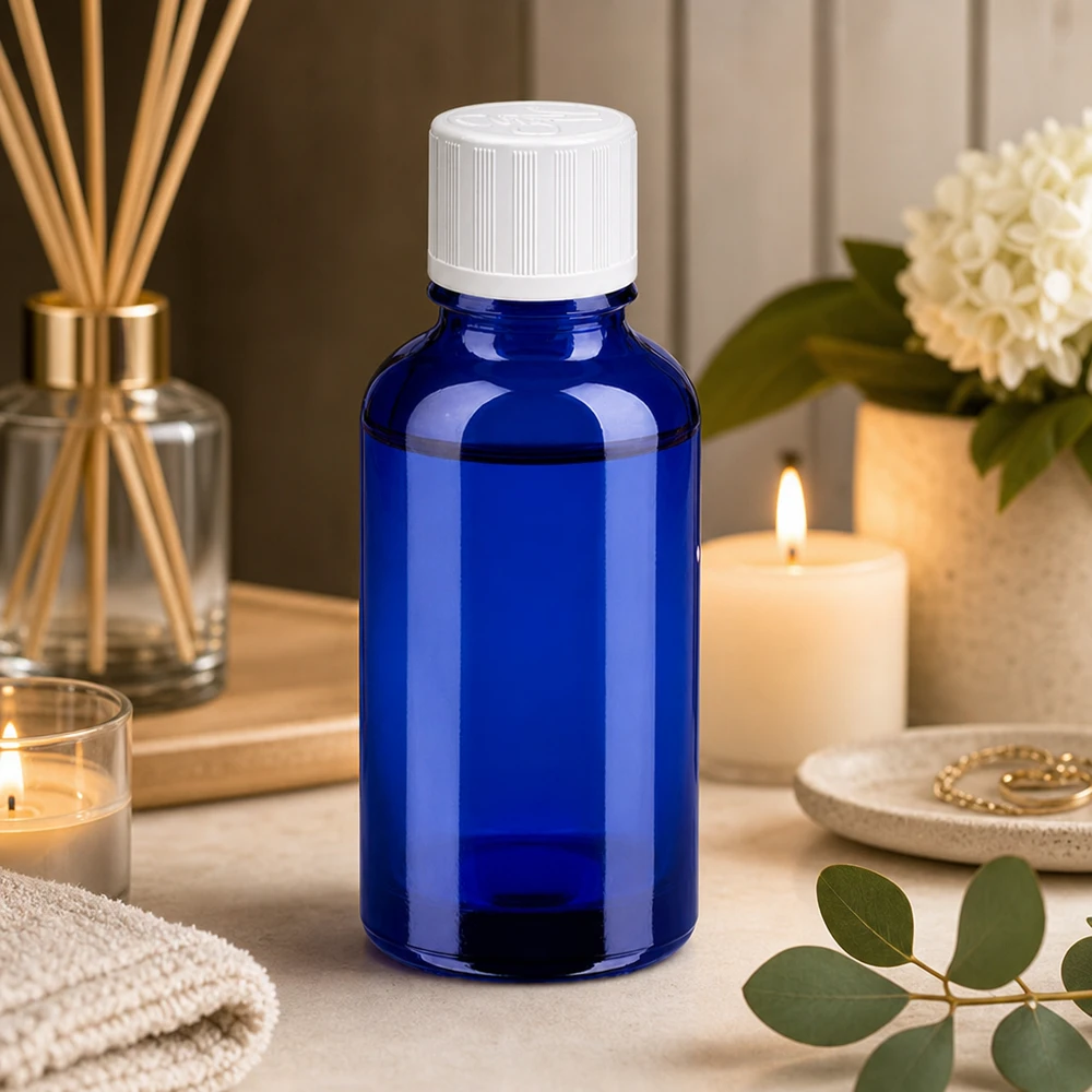 30ml fles 11mm SV w. STD KiSi BlueLine UT18/30 Klein doseerflesje van 30 ml gemaakt van blauw glas van hoge kwaliteit voor nauwkeurig portioneren