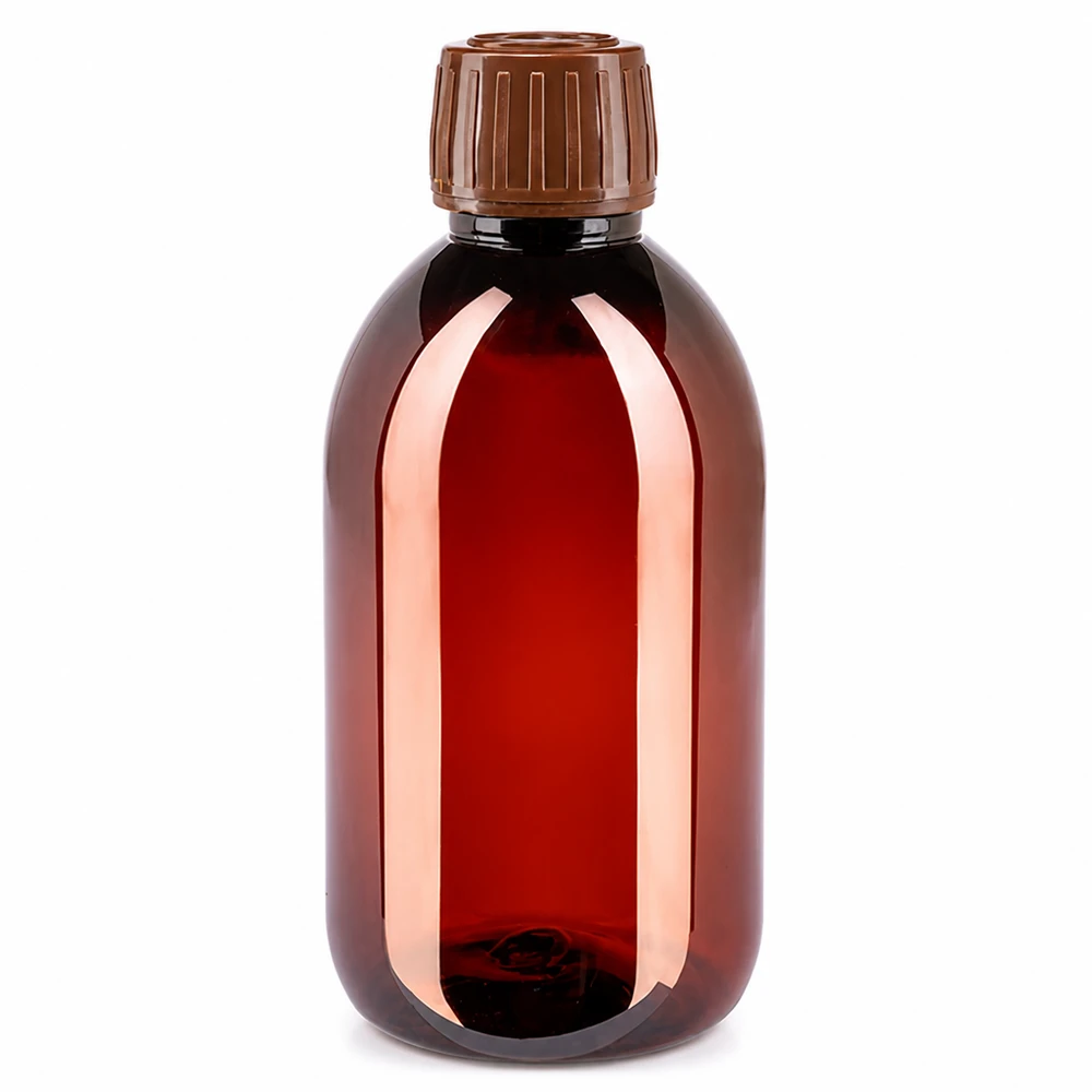 50 ml PET medicijnfles met verstuiver zwart GCMI 28/410 incl. dop transparant, standaard Braune 250ml PET Rundflasche mit Originalitätsverschluss ideal für Sirup und Lösungen
