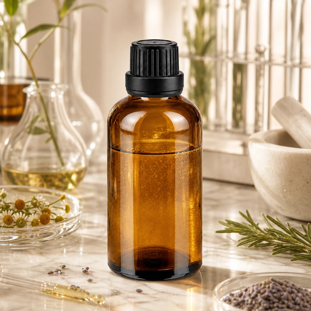 Bruine glazen fles 50ml met zwart schroefsluiting dicht. VR Bruine glazen fles van 50 ml met kindveilige schroefdop (zwart) voor natuurlijke cosmetica en geneeskrachtige kruiden
