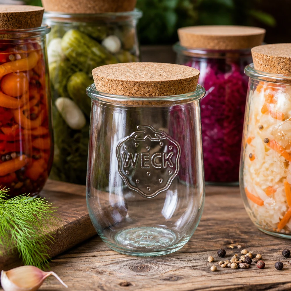 WECK RR100 tulp pot 1062ml met kurk tussen kleurrijke fermentatie potten van ingemaakte groenten op een houten tafel