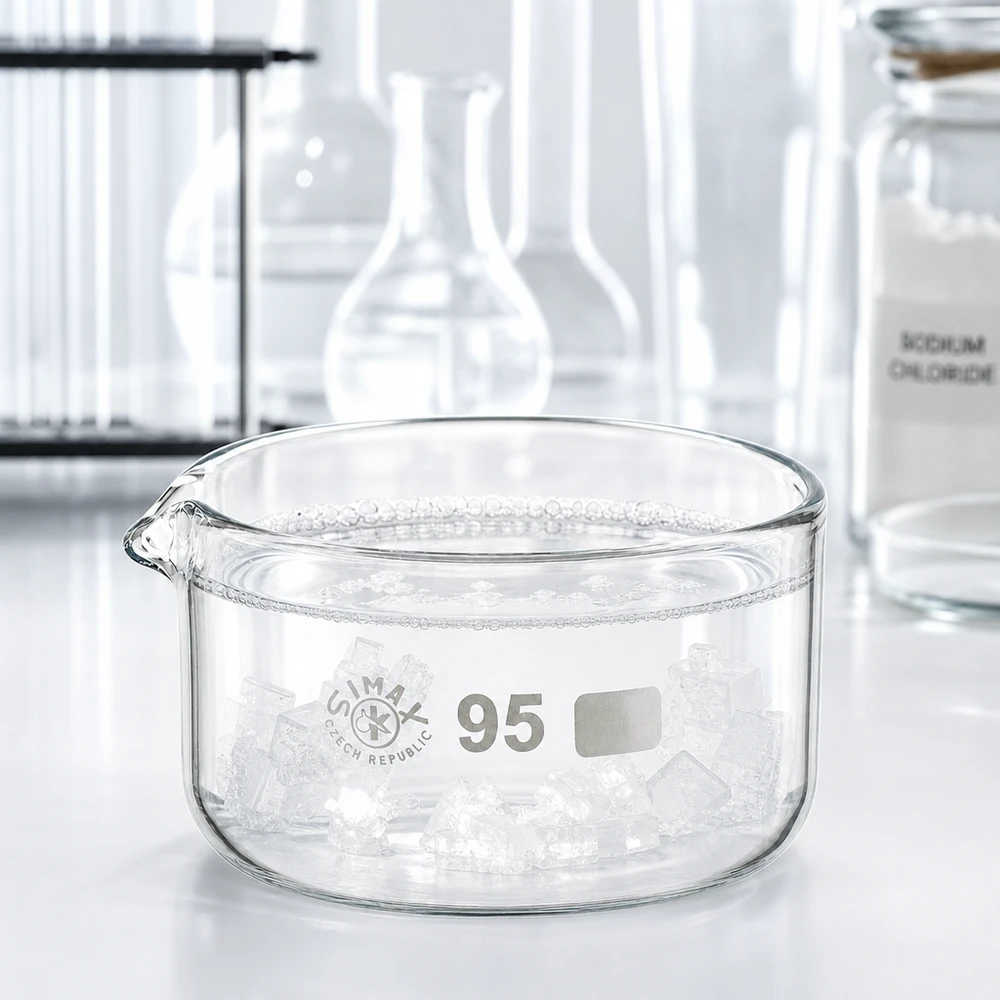 Kristalliseerschaal 300ml met schenktuit Lage, cilindrische glazen schaal van 300 ml voor kristallisatieproeven in het chemisch laboratorium