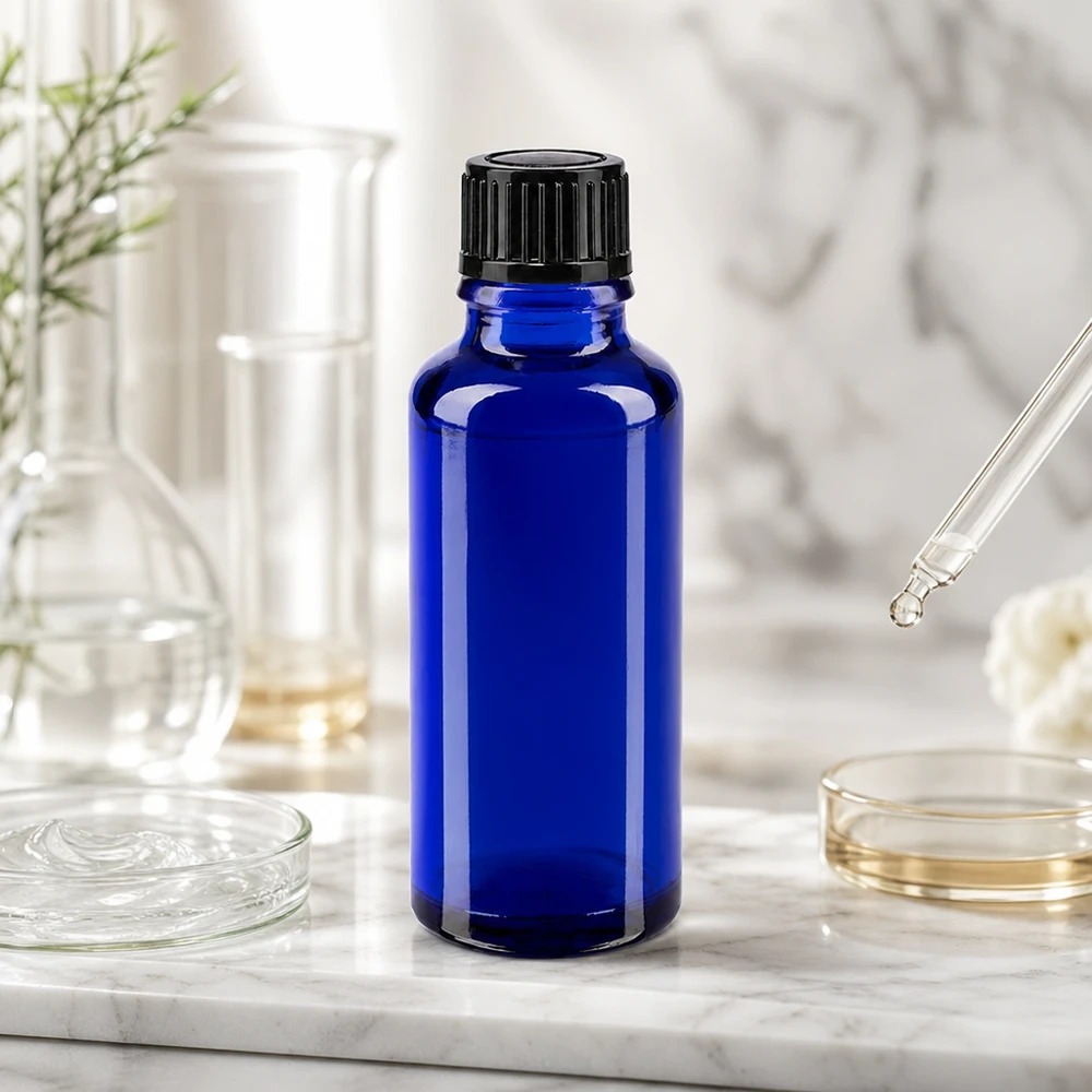 Blauwe glazen flessen 30ml met zwart druppelsluiting 1mm St Hoogwaardige blauwe ApoGlas-druppelfles van 30 ml met kindveilige schroefdop in laboratoriumstijl