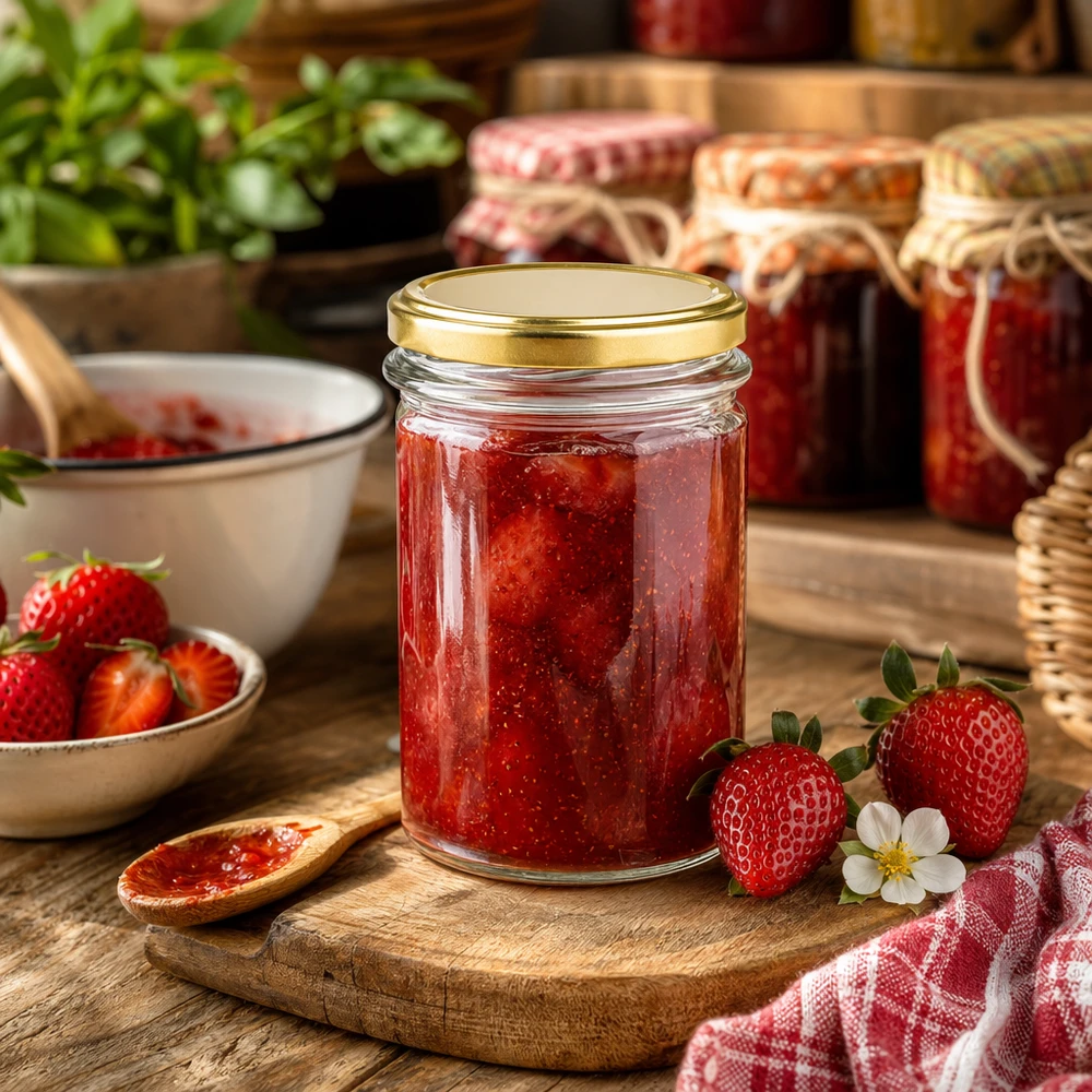 230 ml mason jar met gouden BasicSeal deksel UNiTWIST gevuld met aardbeienjam naast verse aardbeien